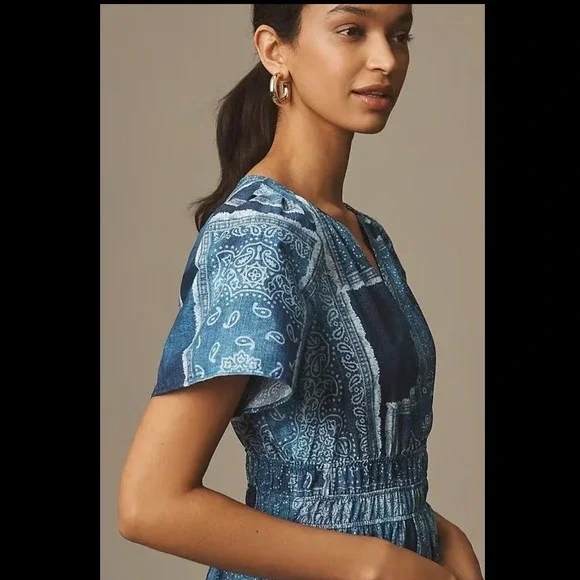 Anthro Maeve Somerset Maxi Dress XL Blue Bandana Cotton Smocked Waist NWT - Picture 7 of 13